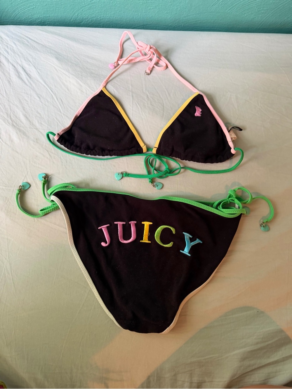 Y2K Juicy Couture Black Pastel Trim Bikini Set